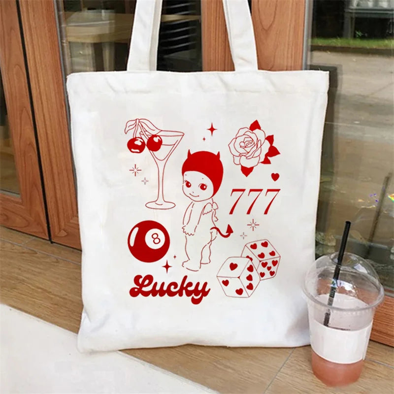 Sonny Angel Kewpie Cherub Canvas Tote Bag | Lucky Girl Eco-friendly Reusable Shopping & Book Bag (Women's Merch) Luxegan