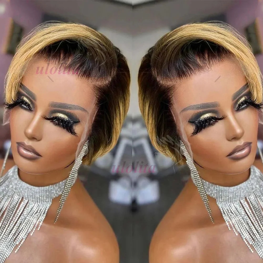 Short Bob Wig Pixie Cut Wig Straight Human Hair Wig 13X4 Transparent Lace Frontal Wig For Women Highlight Straight Pixie Cut Wig