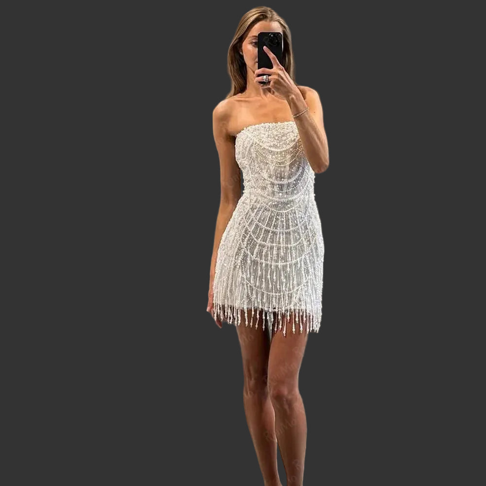 Luxury Pearl & Bead Strapless Wedding Mini Dress | Bespoke Lace Short Bridal Gown | Elegant Zip-Back Tassel Cocktail Dress Luxegan