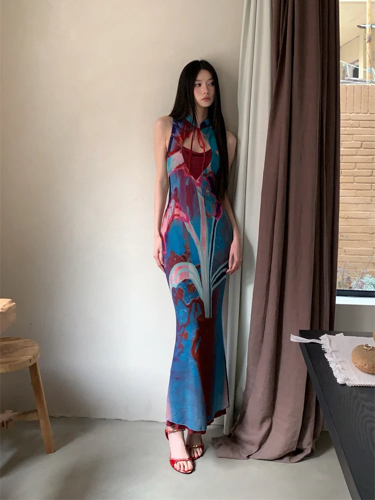 Women's Designer Floral Summer Midi Dress | Elegant Mandarin Collar Sleeveless A-Line Gown | Premium Patchwork Bodycon Tunic Party Dress | Regular Fit Mid-Calf Empire Waist Vestido Luxegan