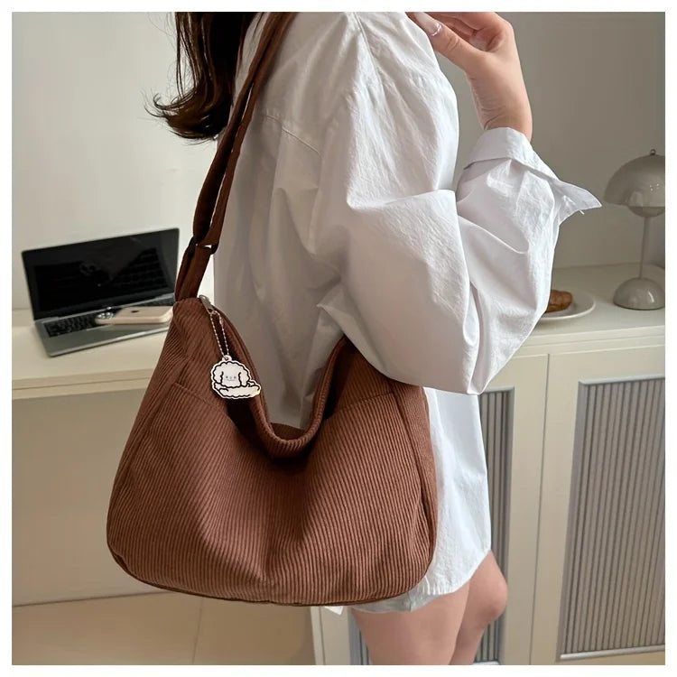 Women's Corduroy Shoulder Bag | Casual Striped Large Capacity Tote with Zipper (Cute Hat Patch, Everyday Use) Luxegan