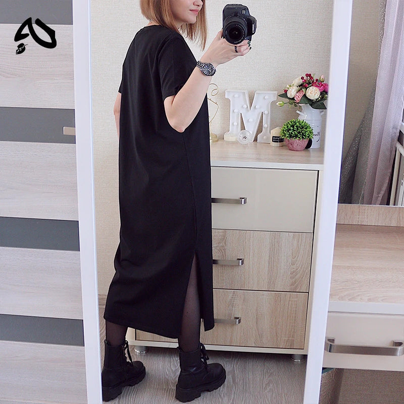 Original Casual 94% Cotton Summer Women's Dresses Solid Short Sleeve Spilt Long Midi Dress Fashion Sundress Female Clothing