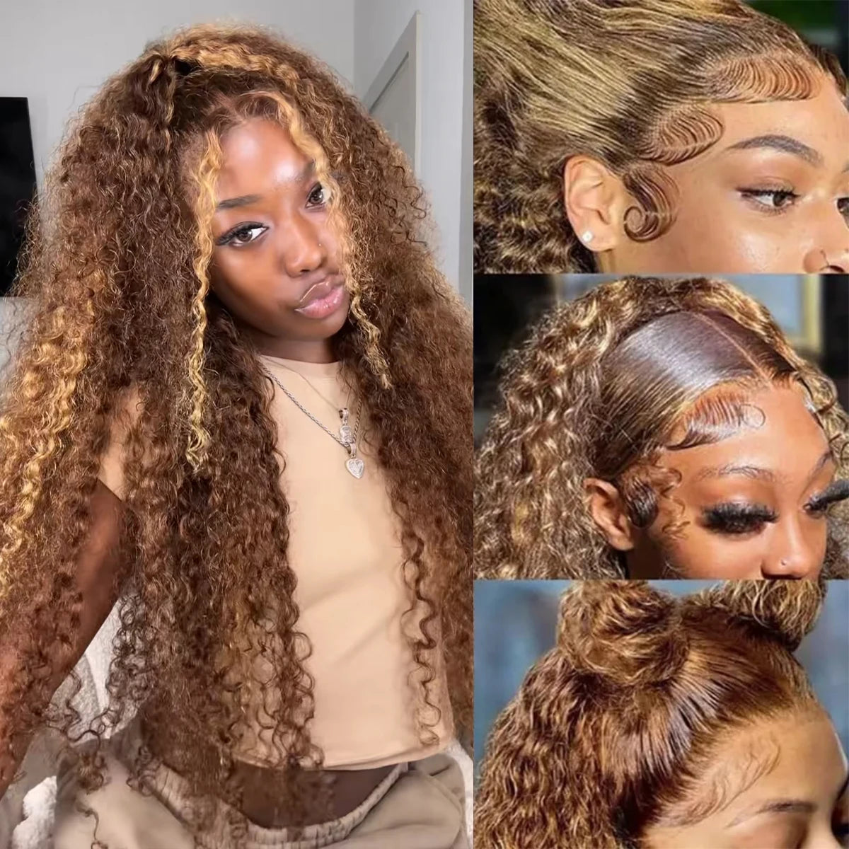 Honey Blonde Highlight Water Wave Wig | Sophisticated 13x6 & 13x4 HD Transparent Lace | Elegant "Brazilian Remy" 26+ Inch Length | "Dignified" Pre-Plucked Deep Wave Human Hair for Radiant Versatile Styling Luxegan