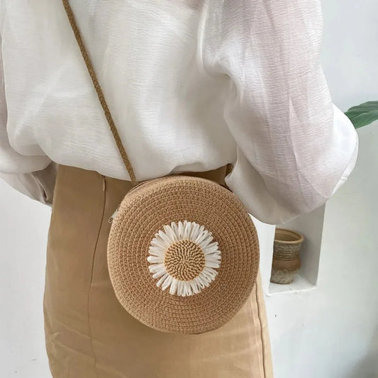 Flower Graphic Circle Straw Bag | Vintage Shoulder Beach Bag & Women's Crossbody Purse Luxegan