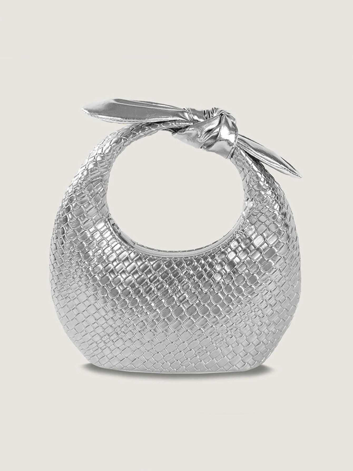 Light Luxury Woven PU Hand-Held Half Moon Bag | Solid Color Bow Handbag Luxegan