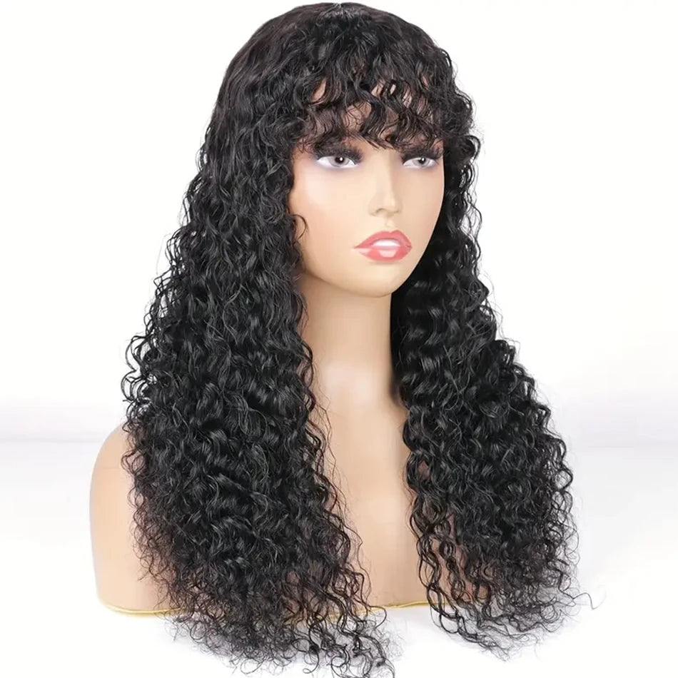 30-Inch Water Wave Human Hair Wig with Bangs | 180% Density Glueless Kinky Curly Fringe Wig | Fully Machine-Made Brazilian Remy Human Hair Bob & Long Wig for Women Luxegan
