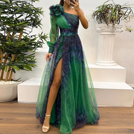 Women's Vintage Pattern Printed High Waist Long Dress | Sexy Asymmetric Mesh Evening Gown | Elegant One-Shoulder Full Sleeve Pleated Bridesmaid Dress | Loose Fit Ankle-Length Model 47881 Luxegan
