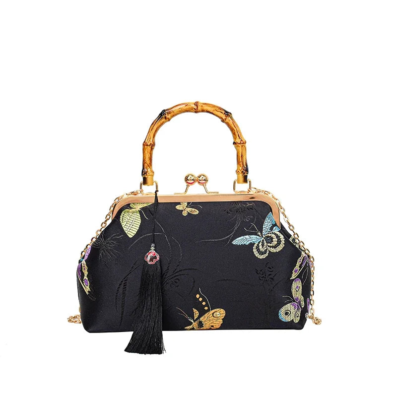 Luxury Embroidery Vintage Evening Bag | Wedding Style Floral Handbag with Tassel Design | National Fashion Shoulder & Crossbody Bag with Bamboo Fiber Lining Luxegan