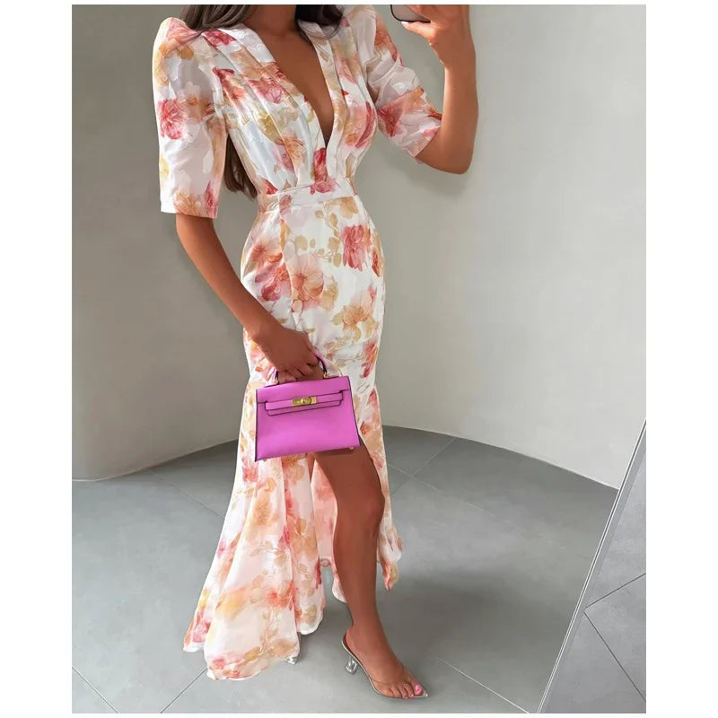 Flutter Sleeves Slim Long Dress Women Casual Pleated Deep V-neck Floral Print High Waist Dresses 2026 Lady Summer Holiday Wear