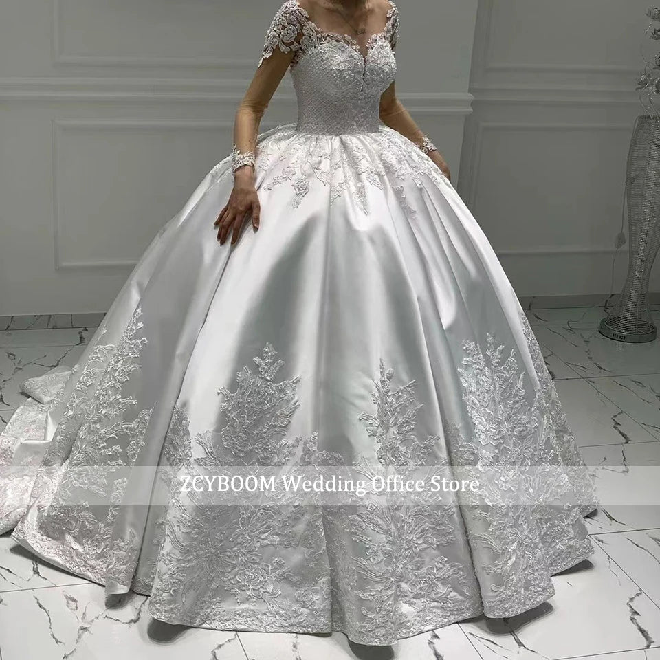 Customized Satin Ball Gown Long Sleeves Wedding Dress 2026 Princess Lace Appliques Pearl Beaded Bride Gown Vestido De Novia