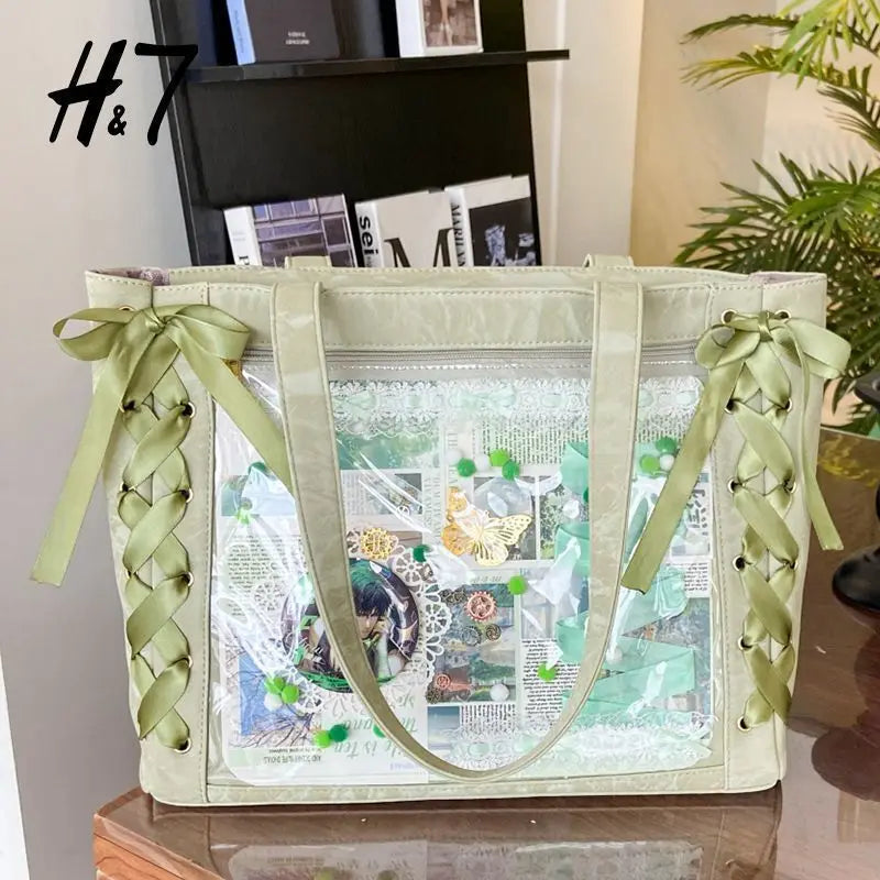New Versatile Fashion Ribbon Ita Bag | Large Capacity Anime Millet Bag | Sophisticated Green Lace & Bow Shoulder Tote | Fashion-Forward Canvas Daily Outfit Bag with Artisan Charm Luxegan