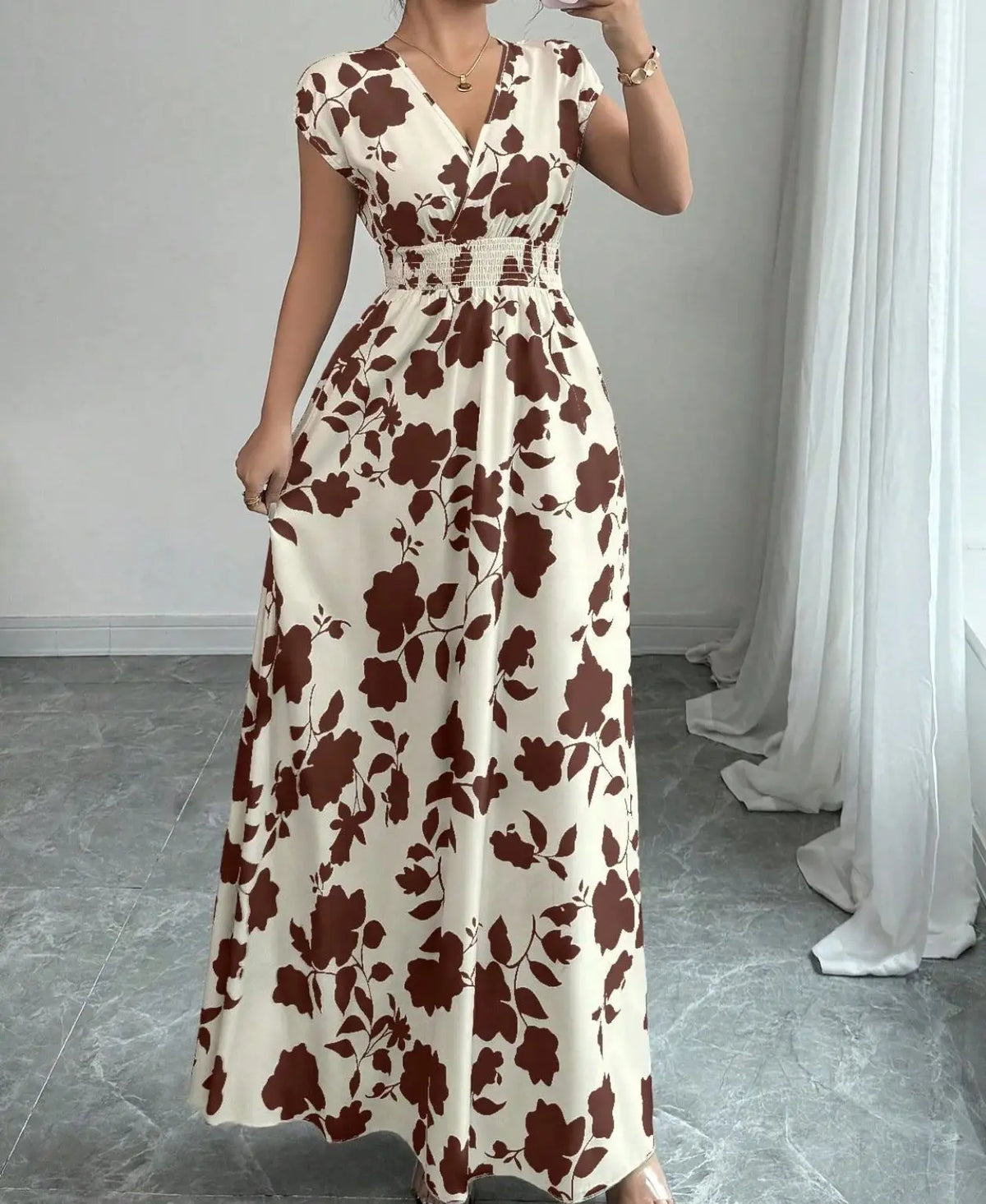 Print Casual V-Neck Short Sleeve Regular Fit Loose Knee-Length Dress – Polyester and Cotton, Natural Waist, Spring/Summer Luxegan