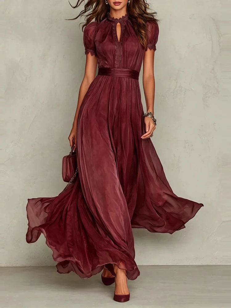 Solid Round Neck Short Sleeve Lace Detail Regular Fit A-Line Ankle-Length Dress – Empire Waist, Summer Luxegan