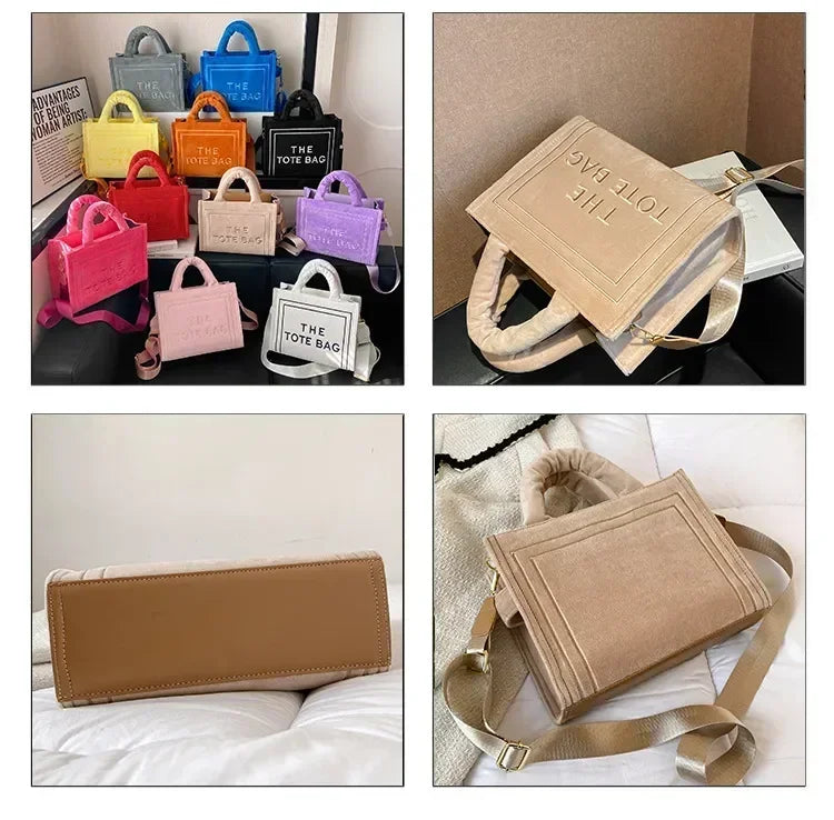 Aesthetic Velour Square Tote Bag | Elegant Letter Print Ladies Shoulder Bag | Sophisticated Felt & Velour Crossbody | Women’s Charisma Top-Handle Handbag with Interior Cell Phone Pocket Luxegan