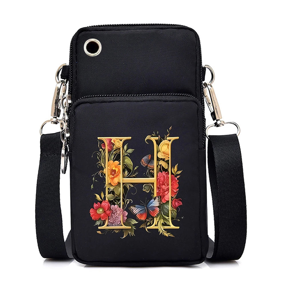 Women’s Small Crossbody Mobile Phone Bag | Sophisticated Vintage Flower & Alphabet Purse | Elegant Mini Messenger with Soft Leather Strap | Fashion-Forward Cartoon Applique Shoulder Bag (Model 858) Luxegan