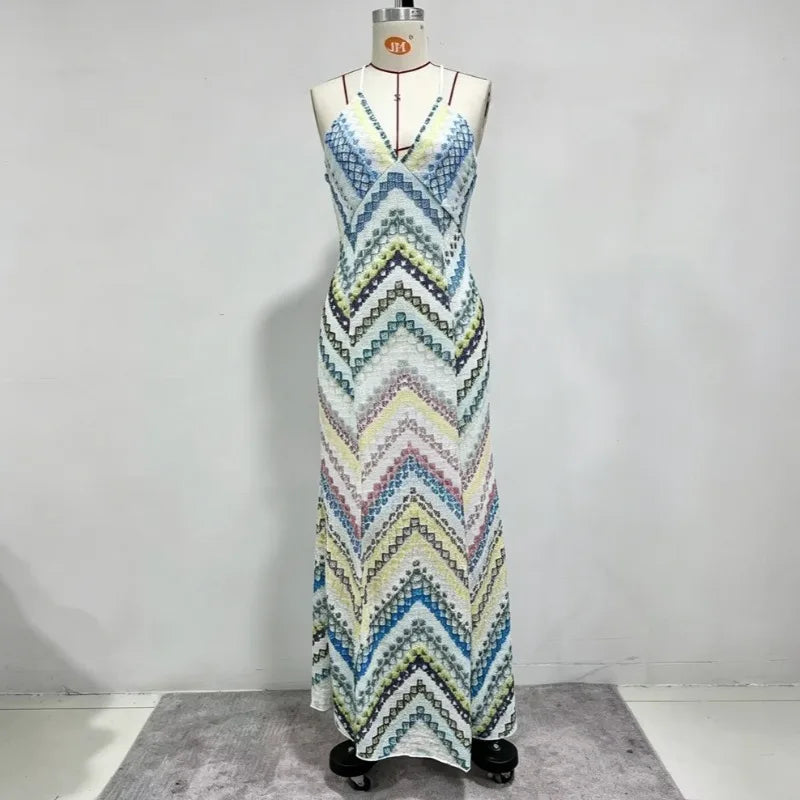 Geometric V-Neck Sleeveless Backless Regular Fit A-Line Floor-Length Dress – Natural Waist, Summer Luxegan