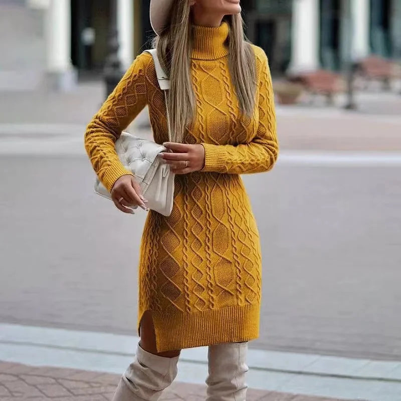 Solid Office-Style Turtleneck Full-Length Sleeve Loose A-Line Acrylic Knit Mid-Calf Dress – Medium-Stretch, Elastic Waist, Autumn/Winter Luxegan
