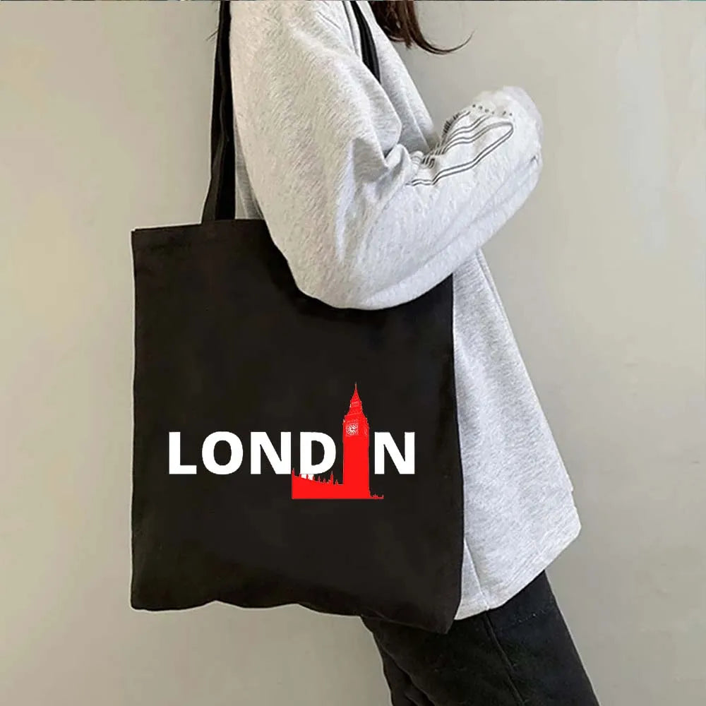 London Big Ben England Map Flag Canvas Tote Bag | UK City Landscape Skyline Shoulder Shopping Handbag (Women's Tourist Gift) Luxegan