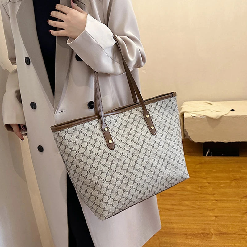 Large Capacity Shoulder Bag for Women | PU Leather Handbag for Commuting & Casual Use (Versatile Tote Bag, Geometric Pattern) Luxegan