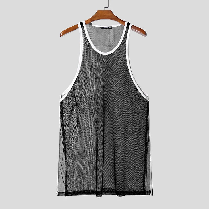INCERUN Hombre Camisetas de Tirantes Malla Retazos Cuello Redondo Sin Mangas Chalecos Masculinos Transparentes Sexy Huecos Ropa de Hombre Ropa de Calle Verano