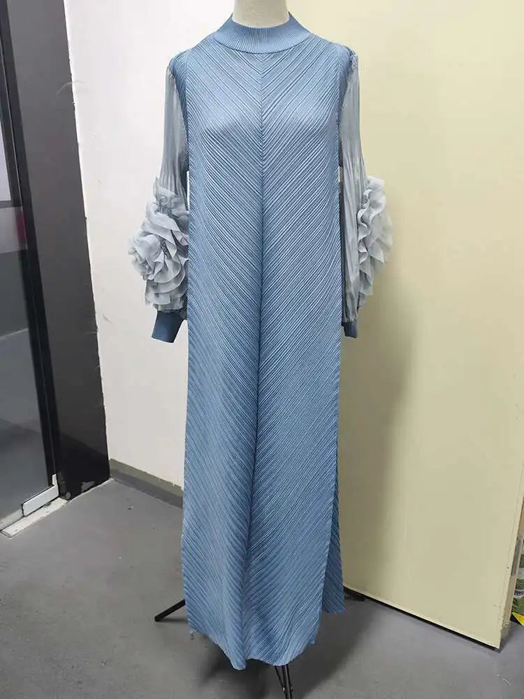 Pleated Lettuce Hem Maxi Dress | Turtleneck Full Sleeve Loose A-Line Casual Dress Luxegan