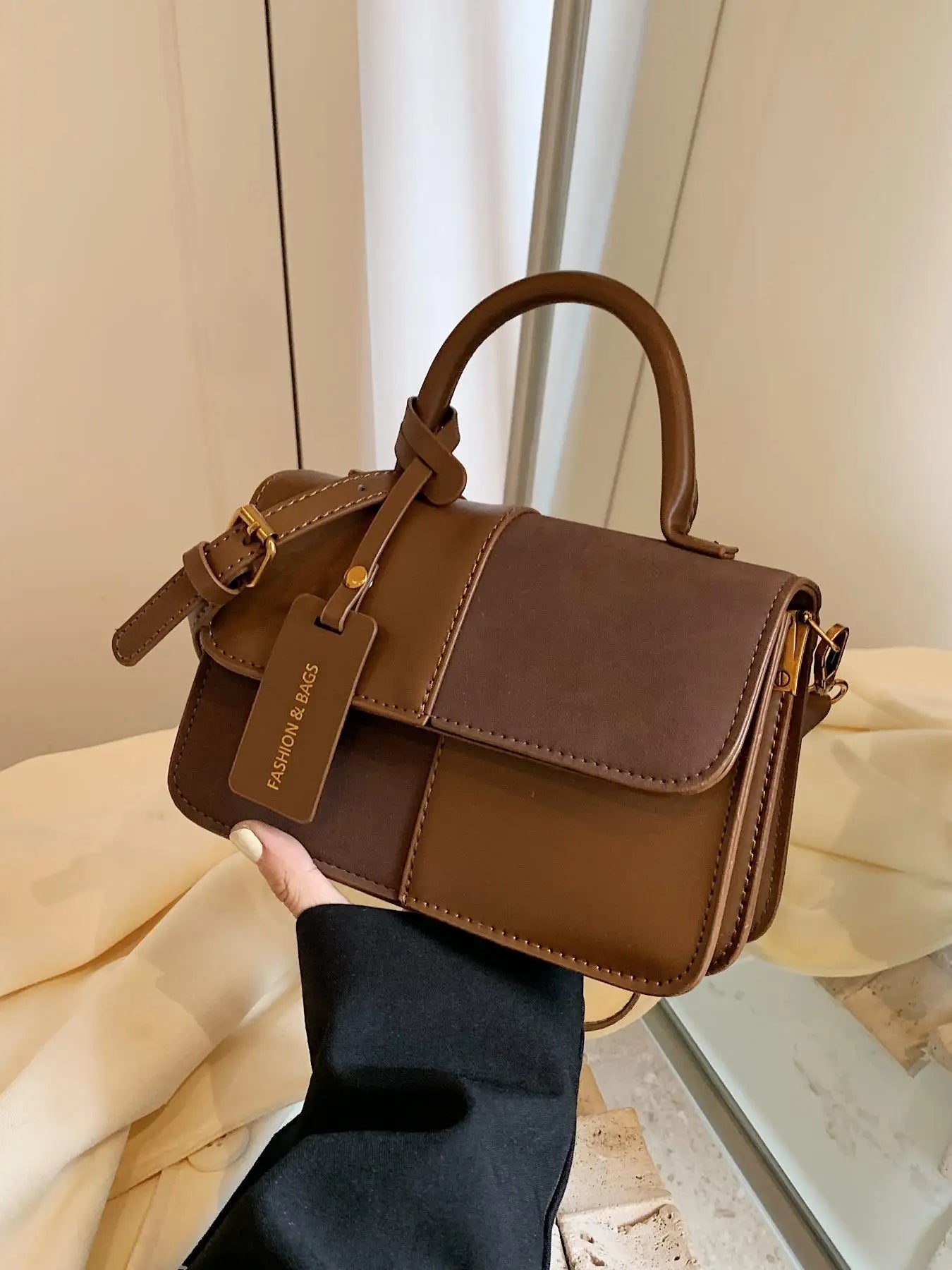 Burgundy PU Leather Bag | Retro Contrasting Color Crossbody Luxegan