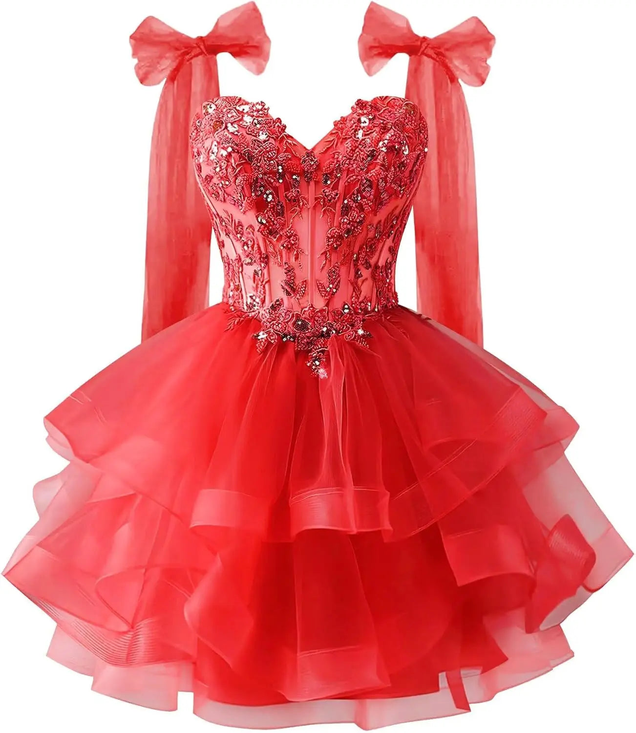 Tiered Tulle Homecoming Dresses Sparkly Lace Applique Bow Straps Short Prom Dress for Teens Cocktail Dress Graduation Dress
