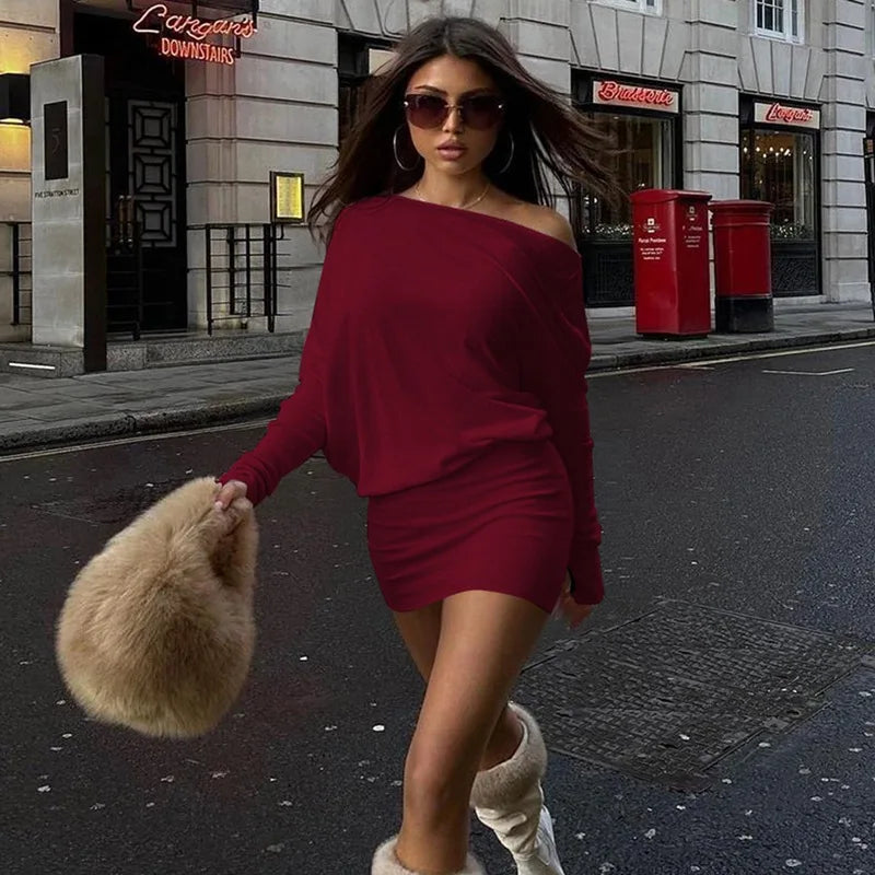 Solid Sexy Asymmetric Neckline Full-Length Ruched Sleeve Slim A-Line Mini Dress – Slight-Stretch Polyester-Elastane, Natural Waist, Autumn/Winter Luxegan