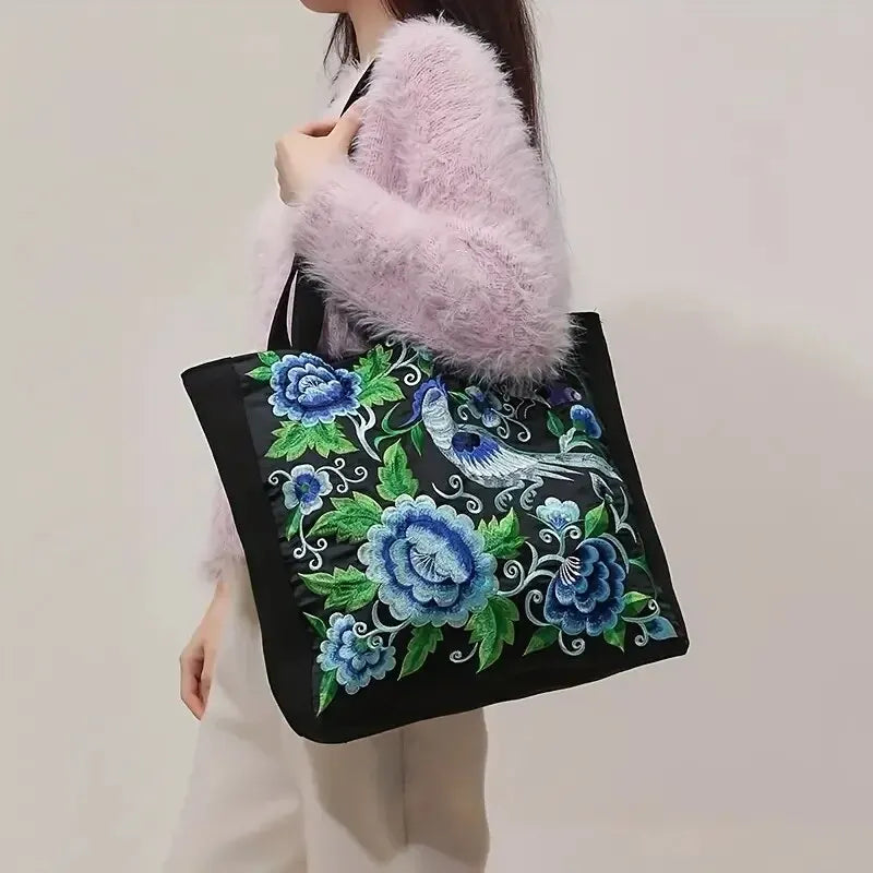 Ethnic Style Flower Embroidery Canvas Tote | Shoulder Bag & Large Capacity Handbag Luxegan