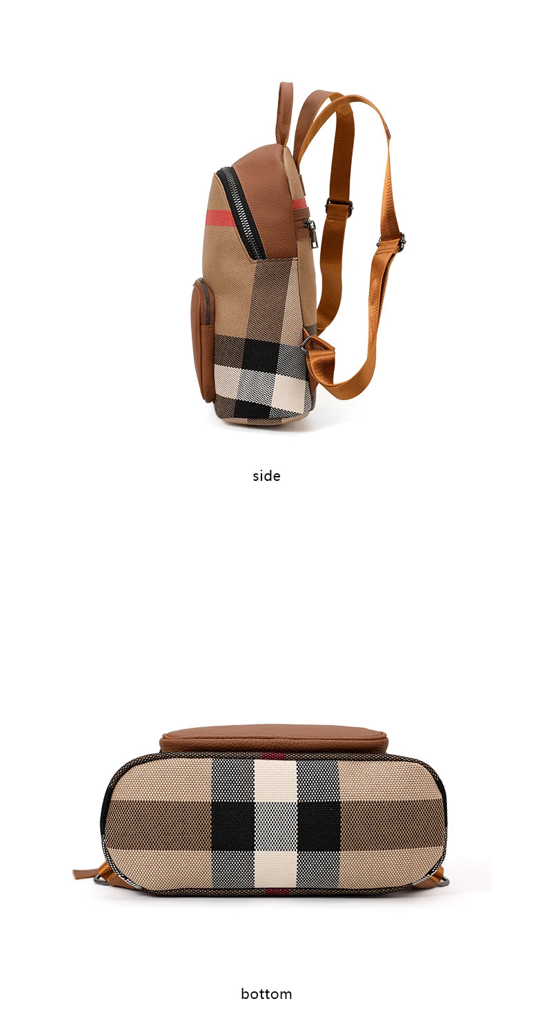 Canvas Preppy Style Backpack for Women | Trendy Plaid Designer Bag | High-End Cowhide & Canvas Fashionable Rucksack (Model Q1511) Luxegan