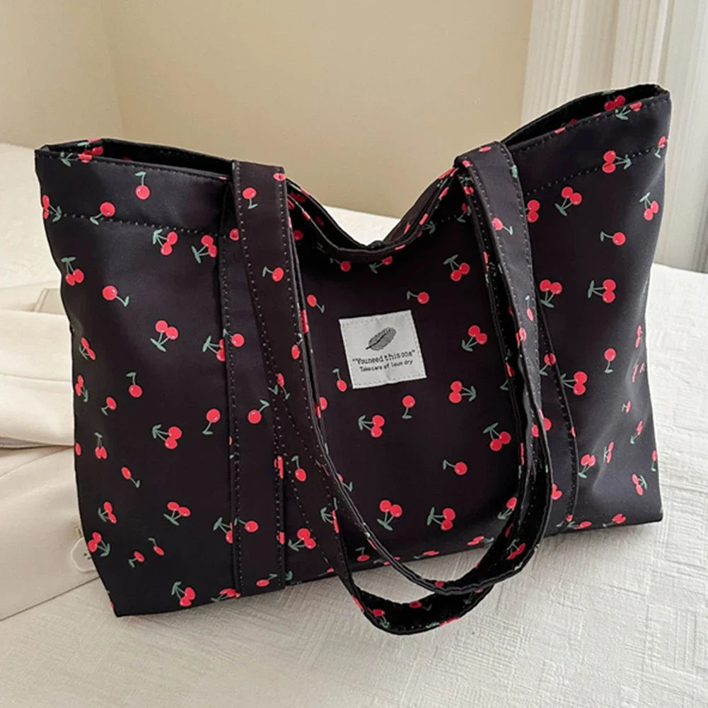 Cute Cherry & Strawberry Print Casual Tote | Sophisticated Large Capacity Nylon Shopping Bag | Elegant Aesthetic Fruit Pattern Handbag | Fashion-Forward Grocery Bag for Women with "Dignified" Soft Finish Luxegan