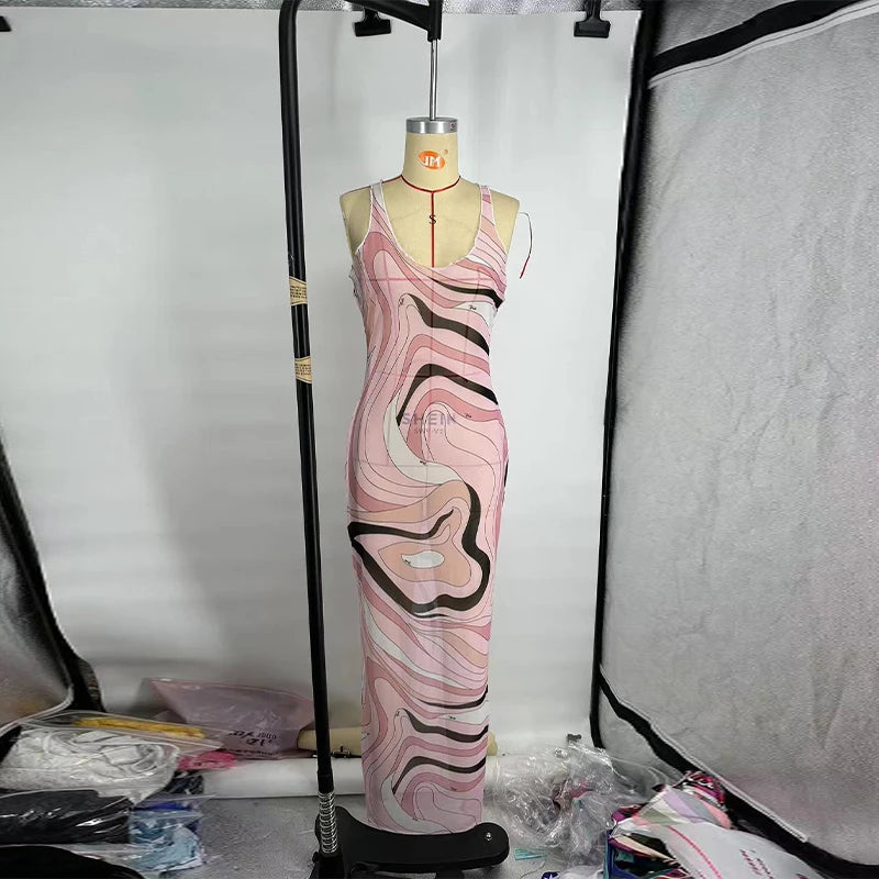 Print O-Neck Sleeveless Slim Fit Straight Midi Dress – Natural Waist, Cotton Blend, Spring/Summer Luxegan