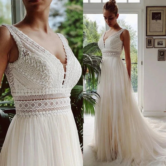 Vestidos de novia bohemios personalizados, cuello en V, apliques de encaje, tul marfil, elegantes vestidos de fiesta, corte A, novia, Boho Vestidos De Novia