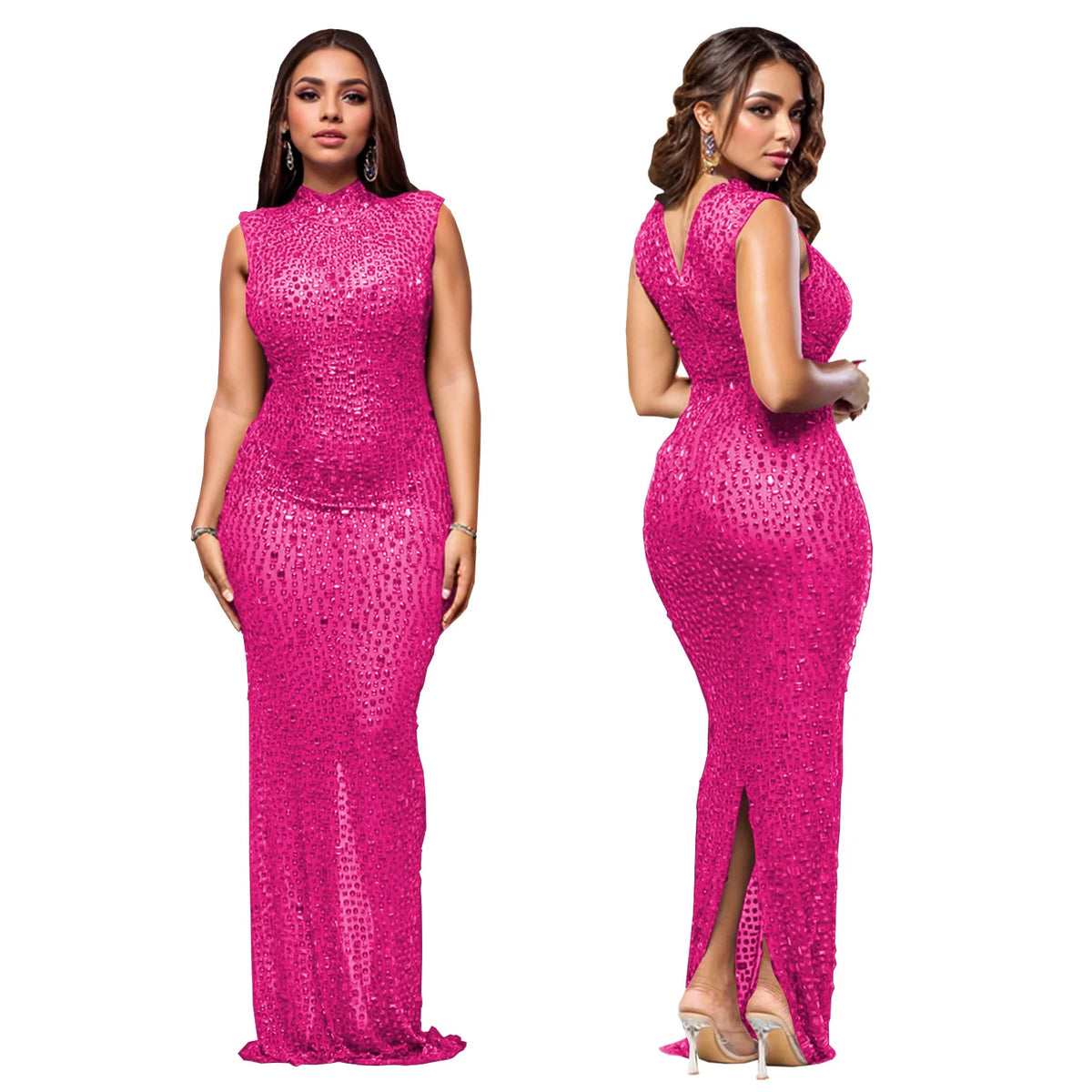 Solid O-Neck Sleeveless Diamond Embellished Slim Fit Straight Midi Dress – Natural Waist, Medium Stretch, Autumn/Winter Luxegan