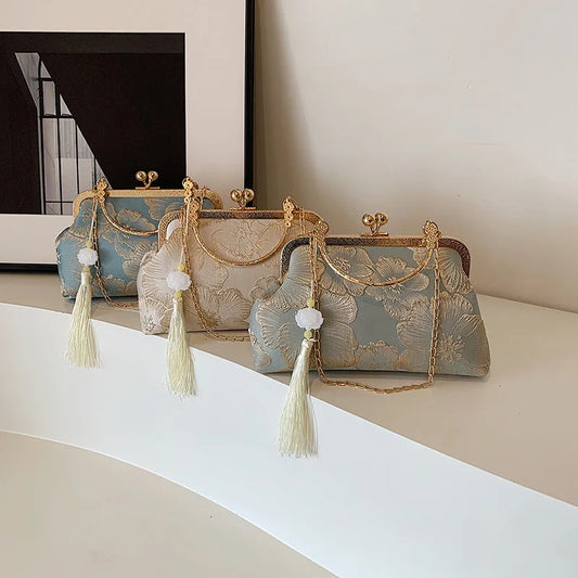 Chinese Style Embroidered Shoulder Bag | Sophisticated Retro Small Square Handbag | Elegant Wedding & Party Evening Clutch | "Dignified" Shell-Shaped Luxury Designer Bag for Formal Styling Luxegan