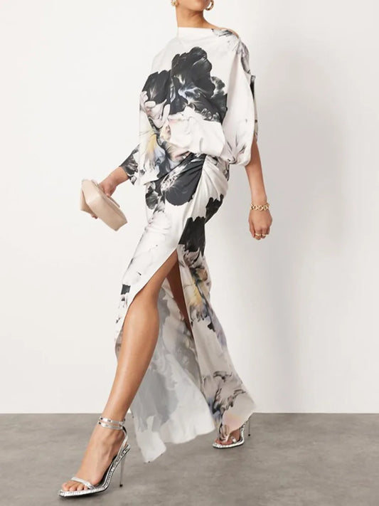 Gymystars Vestidos de noche de moda con estampado floral, vestido largo para mujer, verano, arte, asimétrico, mangas de murciélago, un hombro, vestido de fiesta