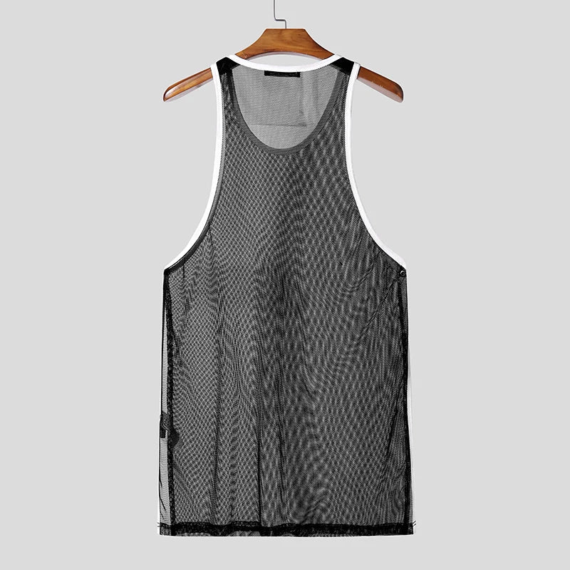INCERUN Hombre Camisetas de Tirantes Malla Retazos Cuello Redondo Sin Mangas Chalecos Masculinos Transparentes Sexy Huecos Ropa de Hombre Ropa de Calle Verano