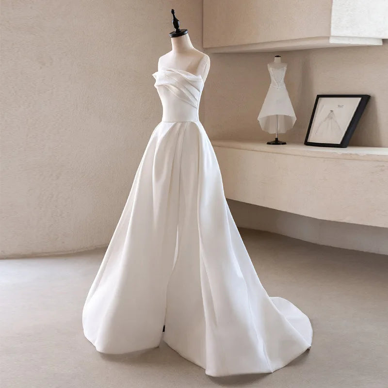 White Satin Strapless Sleeveless Backless Pleated Trumpet Mermaid Floor-Length Gown with Watteau Train – Empire Waist, Built-In Bra Luxegan