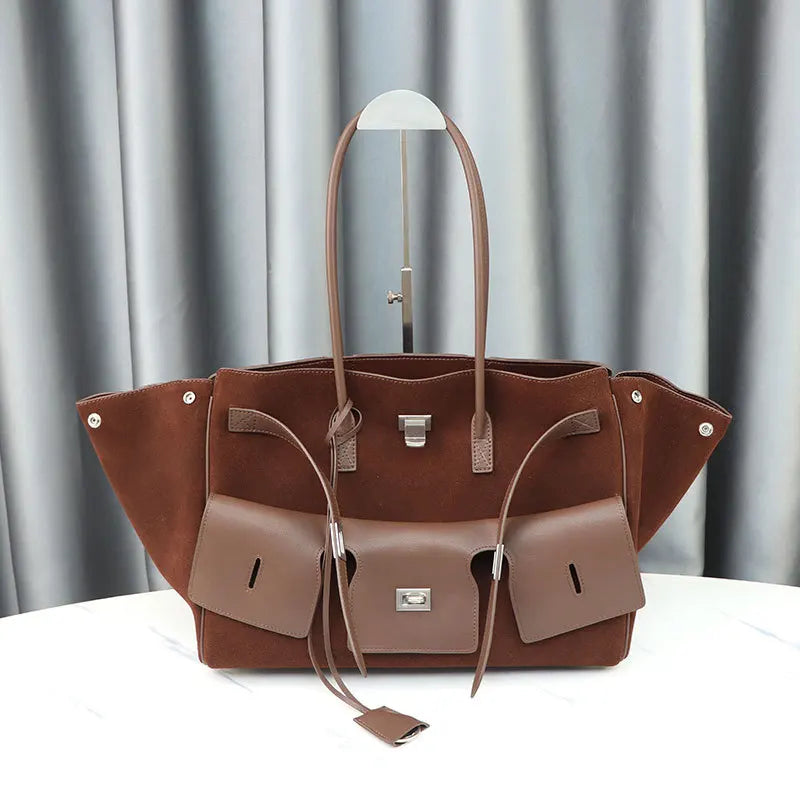 Premium Genuine Cowhide Leather Tote | Large-Capacity Neutral "Motorcycle Wing" Underarm Bag | Fashionable Genuine Leather Messenger for Ladies | Versatile Four-Seasons Casual Tote Luxegan