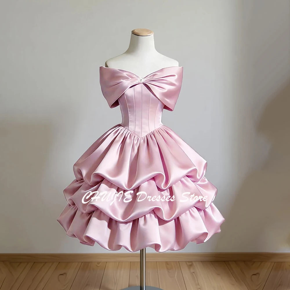 Vintage Off-The-Shoulder Homecoming Mini Dress | Crystal Bow Tiered Graduation Dress | Sleeveless Knee-Length Satin Sweet 15 16 Prom Gown Luxegan