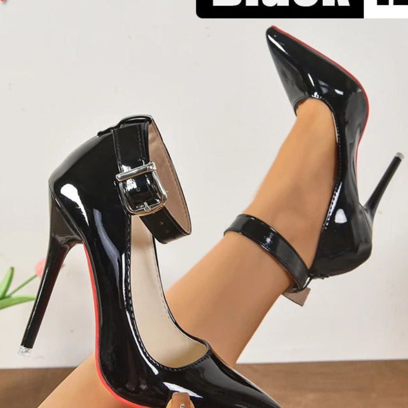 10cm/12cm Metal Belt Buckle Stiletto Pumps | Sophisticated Red & Black Rivet Stiletto | Elegant "Handmade Patent Leather" Silhouette | "Dignified" Pointed Toe Goblet Heels for Radiant Versatile Styling Luxegan