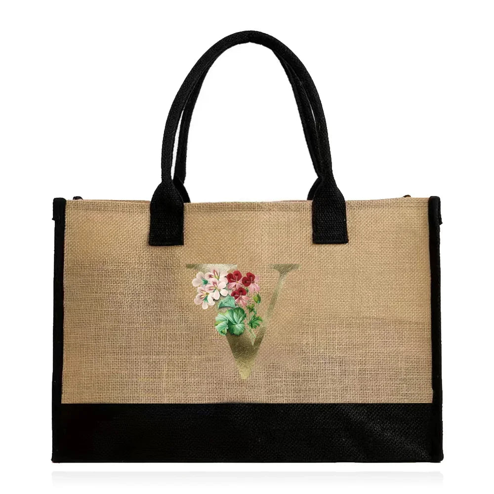 Handmade Jute & Canvas Beach Shopper | Large Capacity Portable Grocery Organizer | Eco-Friendly Woven Women’s Handbag with Golden Flower Pattern Luxegan