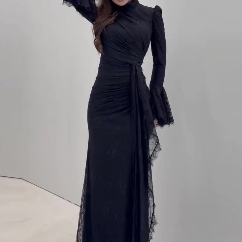 Lace Embroidery Turtleneck Maxi Dress | Long Sleeve Slim Sheath Evening Gown Luxegan