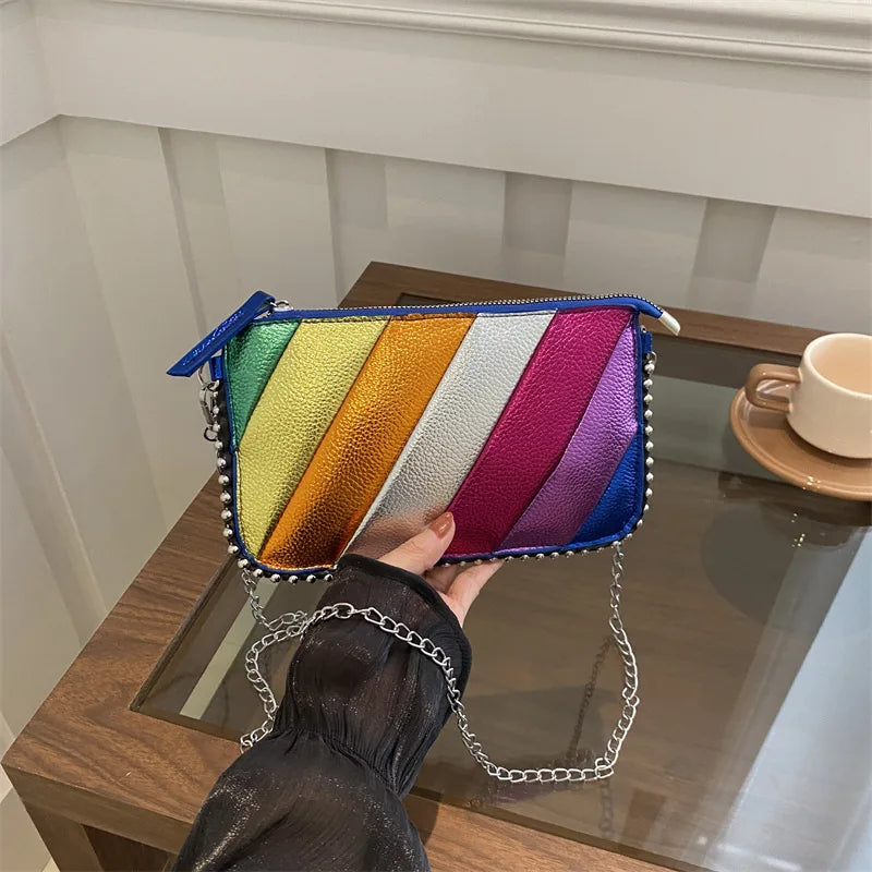 Fashion Trend Contrast Rainbow Splice Shoulder Bag | Designer Rivet Crossbody Handbag | Colorful Twill Chain Flap Bag Luxegan