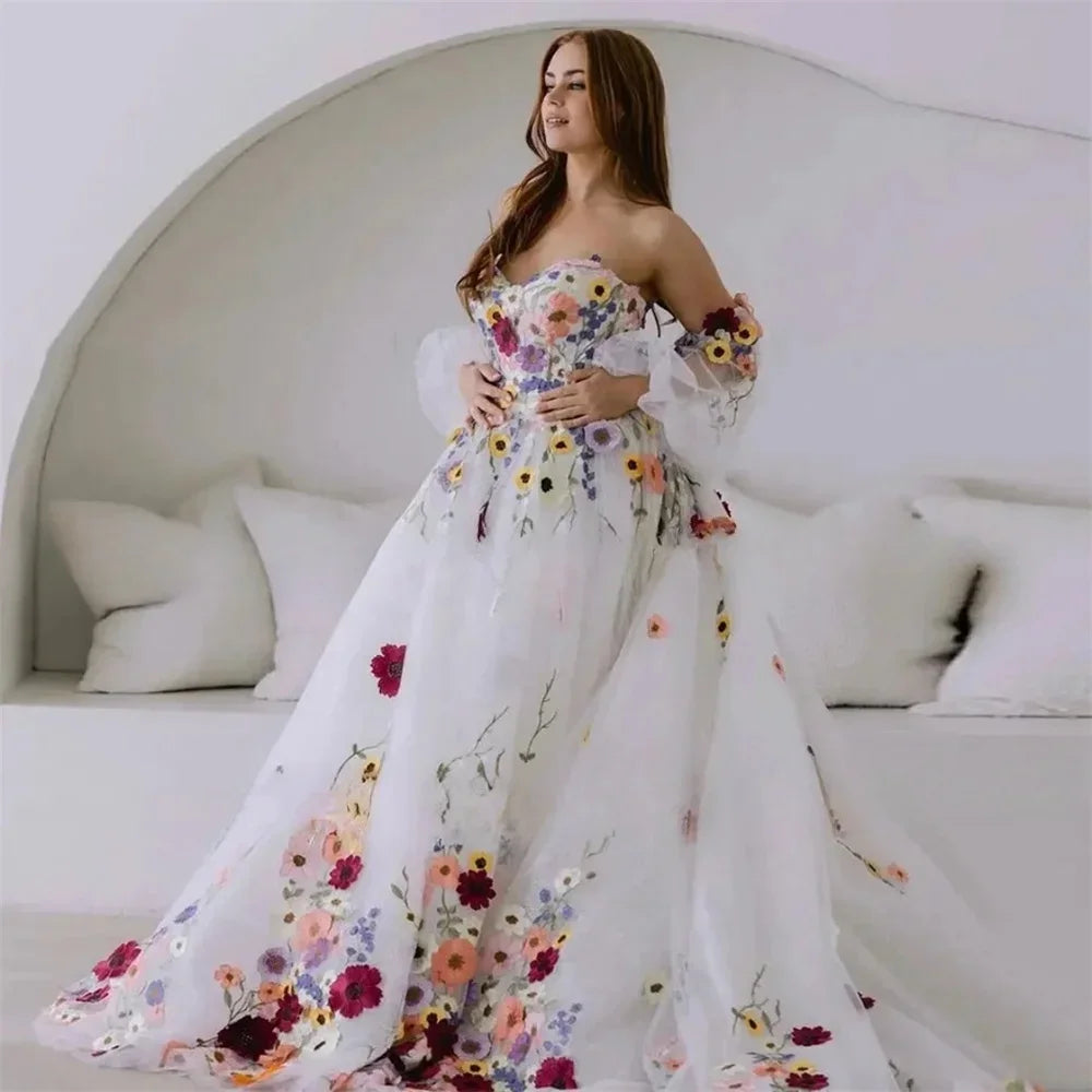 Floral Puff-Sleeve Embroidered Wedding Dress | Romantic Sweetheart Floral Tulle Prom Gown | Off-the-Shoulder Full-Sleeve Bridal Gown with Sweep Train Luxegan