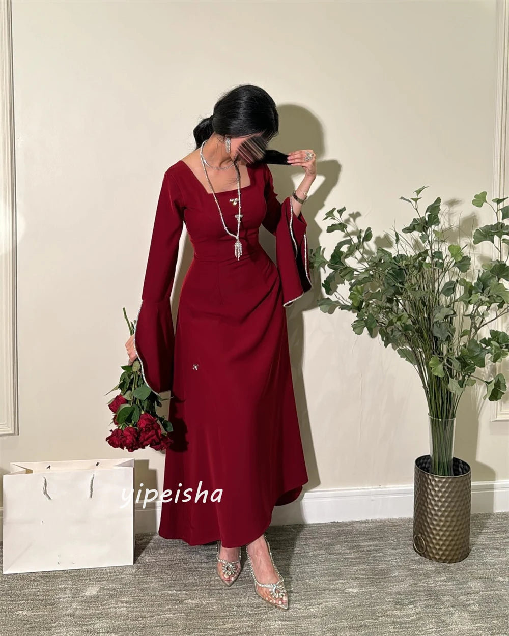 Sequined Square Collar Full-Length Sleeve A-Line Ankle-Length Formal Evening Dress – Polyester Satin, Built-In Bra, Natural Waist Luxegan