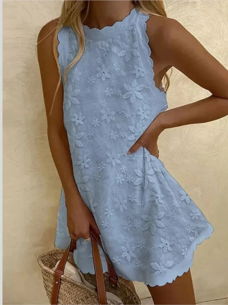 Crochet Hollow-Out Sleeveless Loose A-Line Mini Dress – Mock Neck, Solid, Summer Luxegan