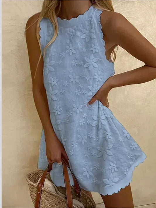Crochet Hollow-Out Sleeveless Loose A-Line Mini Dress – Mock Neck, Solid, Summer Luxegan