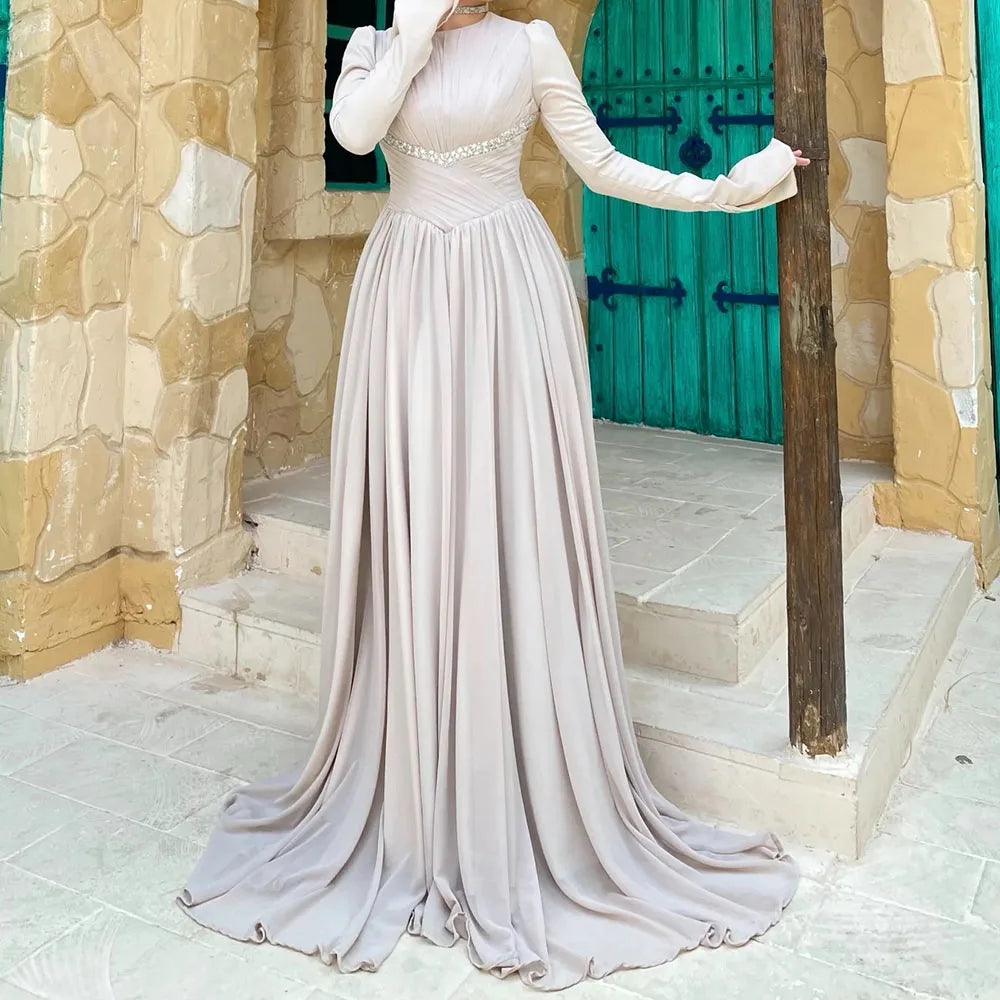 Crystal Draped A-Line Evening Gown | O-Neck Full Sleeve Floor-Length Prom Dress Luxegan
