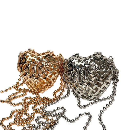 New Heart-Shaped Metal Hollow Box Bag | Designer Hollow-Out Chain Shoulder Bag | Cute Hard-Shell Crossbody Purse | Fashionable Solid Color Evening Handbag Luxegan